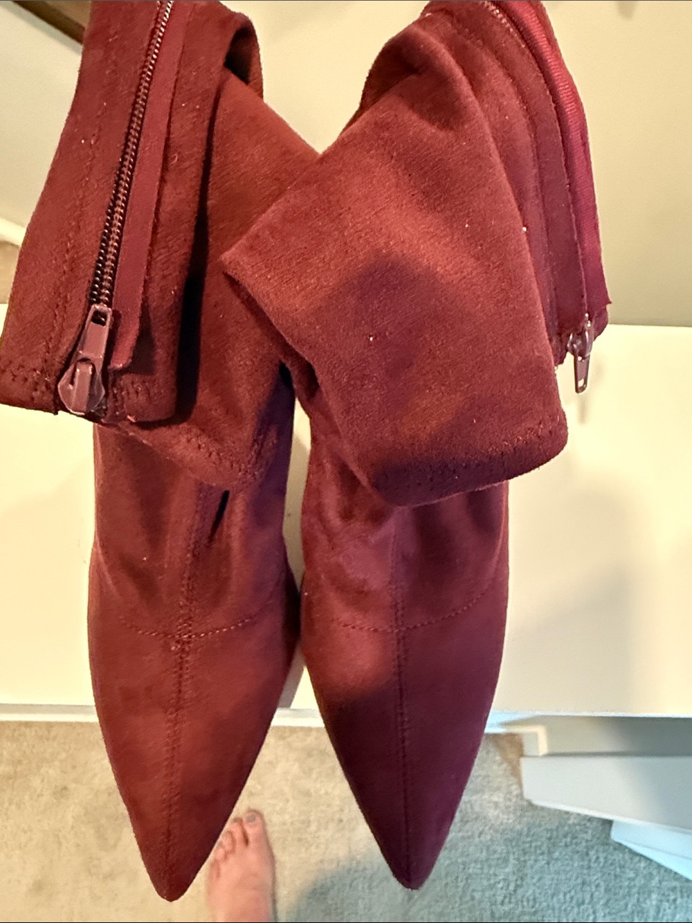 Women's Burgundy Suede Ankle Boots Gold Block Heel KATY PERRY HIGH BOOTIE 8 8 M - Picture 3 of 7
